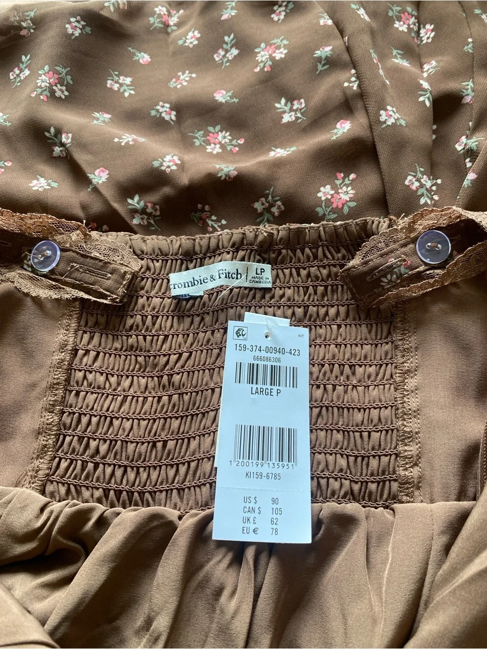 Abercrombie and Fitch Bra-Free Lace-Trim Button-Through Mini Dress —Brown Floral - Picture 9 of 9